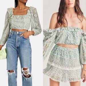 LOVE SHACK FANCY Womens Top S Green Floral Pullover Lace Ruffle Crop DORABELLA